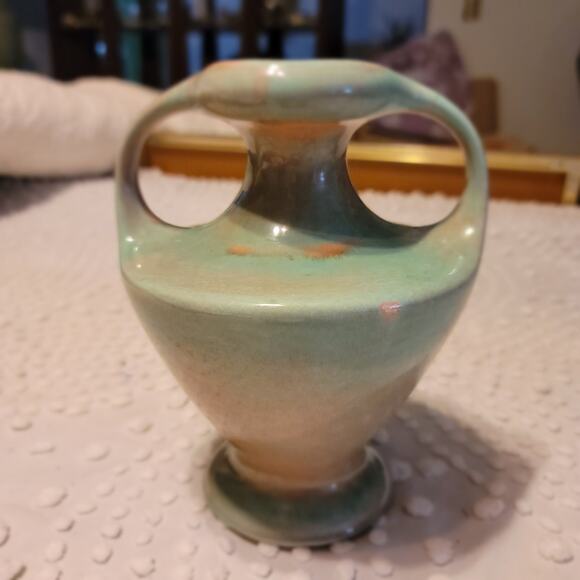 California Ceramics Vintage Double Handle Vase Earthtones Green Sand Mottled MCM - Picture 3 of 9